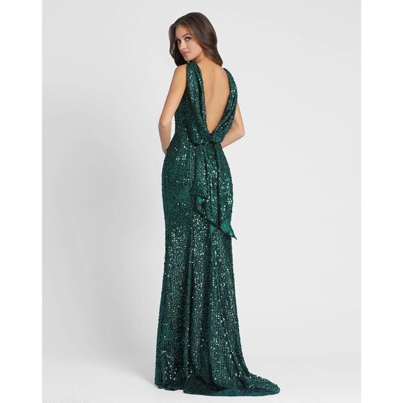 Mac Duggal 26331 Emerald Cowl Back Boat Neck Sequined Evening Gown Sz 14 NEW - Picture 2 of 7